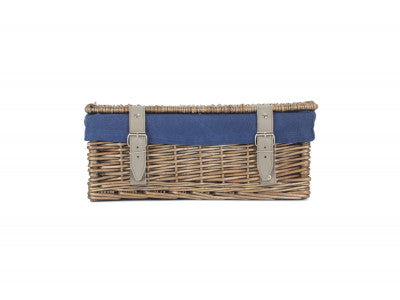 Basket, 14 inch EMPTY WICKER HAMPER BASKET - ANTIQUE WASH - NAVY BLUE LINING