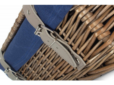 Basket, 14 inch EMPTY WICKER HAMPER BASKET - ANTIQUE WASH - NAVY BLUE LINING