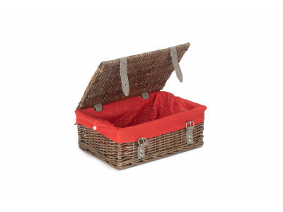 Basket, 14 inch EMPTY WICKER HAMPER BASKET - ANTIQUE WASH - RED LINING