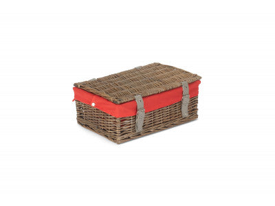 Basket, 14 inch EMPTY WICKER HAMPER BASKET - ANTIQUE WASH - RED LINING