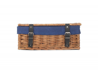 Basket, 14 inch EMPTY WICKER HAMPER BASKET - DOUBLE STEAMED - NAVY BLUE LINING