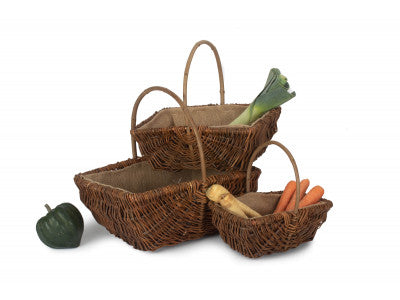 Basket, Set of 3 RECTANGULAR UNPEELED WILLOW GARDEN TRUG with HESSIAN LINING 