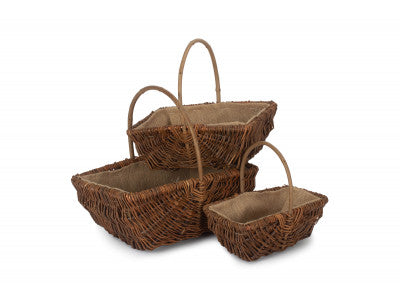 Basket, Set of 3 RECTANGULAR UNPEELED WILLOW GARDEN TRUG with HESSIAN LINING 