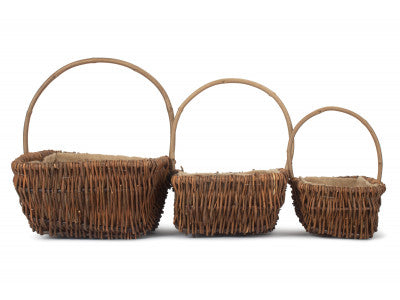 Basket, Set of 3 RECTANGULAR UNPEELED WILLOW GARDEN TRUG with HESSIAN LINING 