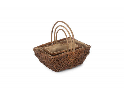 Basket, Set of 3 RECTANGULAR UNPEELED WILLOW GARDEN TRUG with HESSIAN LINING 