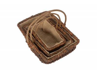 Basket, Set of 3 RECTANGULAR UNPEELED WILLOW GARDEN TRUG with HESSIAN LINING 