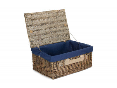 "Basket, 22" ANTIQUE WASH HAMPER with NAVY BLUE LINING"