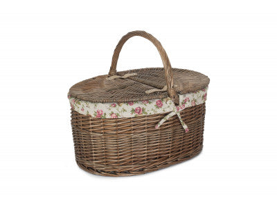 Basket, DEEP ANTIQUE WASH OVAL PICNIC BASKET with GARDEN ROSE LINING