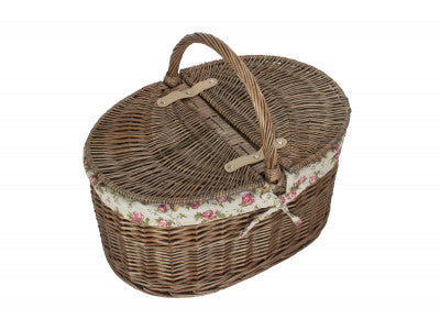 Basket, DEEP ANTIQUE WASH OVAL PICNIC BASKET with GARDEN ROSE LINING