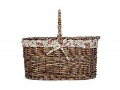 Basket, DEEP ANTIQUE WASH OVAL PICNIC BASKET with GARDEN ROSE LINING