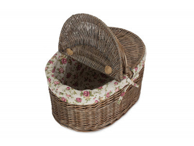 Basket, DEEP ANTIQUE WASH OVAL PICNIC BASKET with GARDEN ROSE LINING