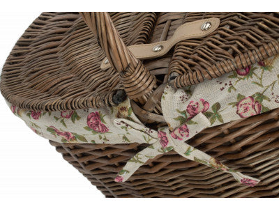 Basket, DEEP ANTIQUE WASH OVAL PICNIC BASKET with GARDEN ROSE LINING