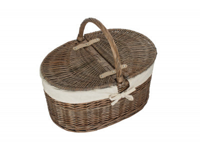 Basket, DEEP ANTIQUE WASH OVAL PICNIC BASKET with WHITE LINING