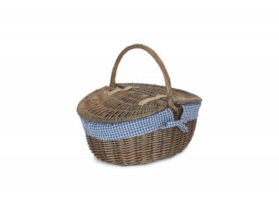 Basket, ANTIQUE WASH FINISH OVAL PICNIC BASKET with BLUE & WHITE CHECKED LINING