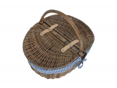 Basket, ANTIQUE WASH FINISH OVAL PICNIC BASKET with BLUE & WHITE CHECKED LINING