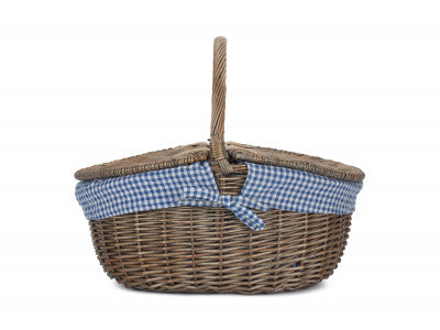 Basket, ANTIQUE WASH FINISH OVAL PICNIC BASKET with BLUE & WHITE CHECKED LINING