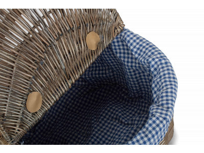 Basket, ANTIQUE WASH FINISH OVAL PICNIC BASKET with BLUE & WHITE CHECKED LINING