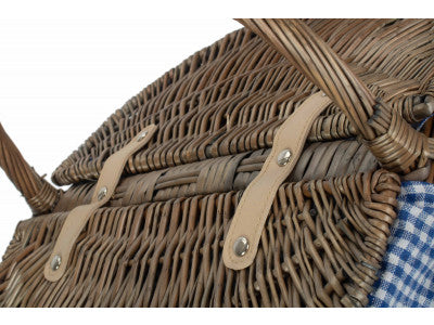 Basket, ANTIQUE WASH FINISH OVAL PICNIC BASKET with BLUE & WHITE CHECKED LINING