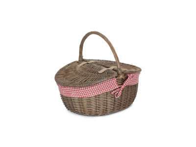 Basket, ANTIQUE WASH FINISH OVAL PICNIC with RED & WHITE CHECKED LINING