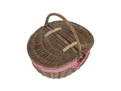 Basket, ANTIQUE WASH FINISH OVAL PICNIC with RED & WHITE CHECKED LINING
