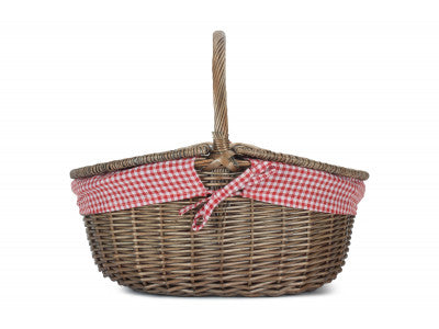 Basket, ANTIQUE WASH FINISH OVAL PICNIC with RED & WHITE CHECKED LINING