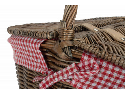 Basket, ANTIQUE WASH FINISH OVAL PICNIC with RED & WHITE CHECKED LINING