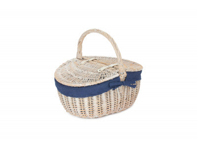 Basket, WHITE WASH FINISH OVAL PICNIC with NAVY BLUE LINING