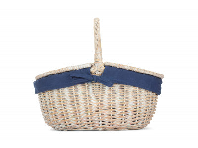 Basket, WHITE WASH FINISH OVAL PICNIC with NAVY BLUE LINING