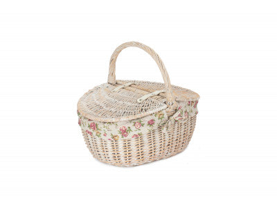 Basket, WHITE WASH FINISH OVAL PICNIC with GARDEN ROSE LINING