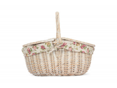 Basket, WHITE WASH FINISH OVAL PICNIC with GARDEN ROSE LINING