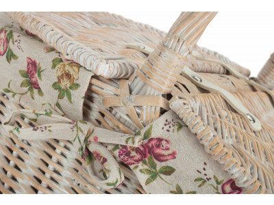 Basket, WHITE WASH FINISH OVAL PICNIC with GARDEN ROSE LINING