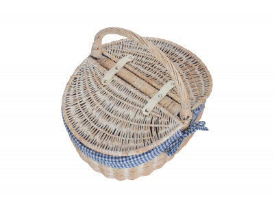 Basket, WHITE WASH FINISH OVAL PICNIC with BLUE & WHITE CHECKED LINING