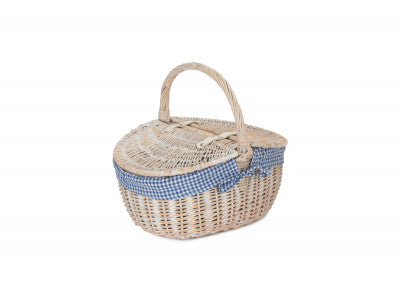 Basket, WHITE WASH FINISH OVAL PICNIC with BLUE & WHITE CHECKED LINING