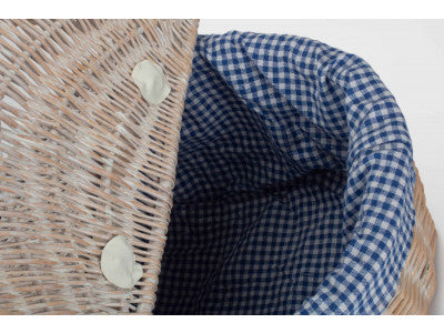 Basket, WHITE WASH FINISH OVAL PICNIC with BLUE & WHITE CHECKED LINING