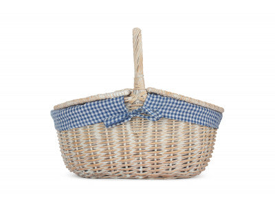 Basket, WHITE WASH FINISH OVAL PICNIC with BLUE & WHITE CHECKED LINING