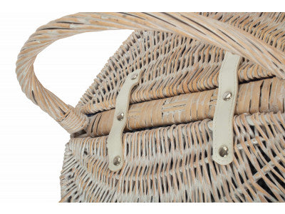 Basket, WHITE WASH FINISH OVAL PICNIC with BLUE & WHITE CHECKED LINING