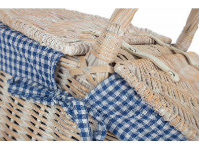 Basket, WHITE WASH FINISH OVAL PICNIC with BLUE & WHITE CHECKED LINING