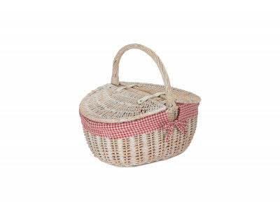 Basket, WHITE WASH FINISH OVAL PICNIC with RED & WHITE CHECKED LINING