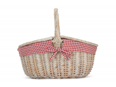 Basket, WHITE WASH FINISH OVAL PICNIC with RED & WHITE CHECKED LINING