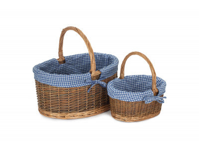 Basket, Set of 2 COUNTRY OVAL SHOPPER with BLUE & WHITE CHECKED LINING 