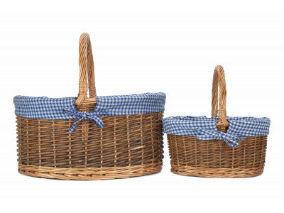 Basket, Set of 2 COUNTRY OVAL SHOPPER with BLUE & WHITE CHECKED LINING 