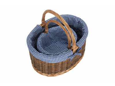 Basket, Set of 2 COUNTRY OVAL SHOPPER with BLUE & WHITE CHECKED LINING 