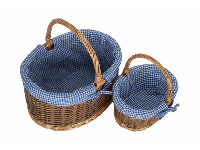 Basket, Set of 2 COUNTRY OVAL SHOPPER with BLUE & WHITE CHECKED LINING 