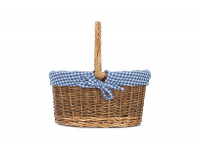 Basket, CHILD'S COUNTRY OVAL SHOPPER with BLUE & WHITE CHECKED LINING