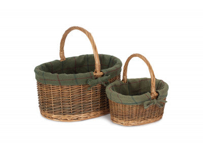 Basket, Set of 2 COUNTRY OVAL SHOPPER with GREEN TWEED LINING 