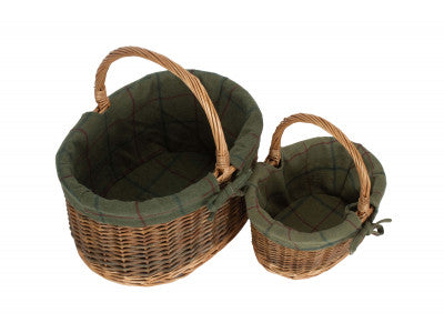 Basket, Set of 2 COUNTRY OVAL SHOPPER with GREEN TWEED LINING 