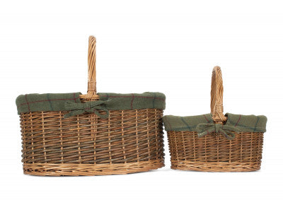Basket, Set of 2 COUNTRY OVAL SHOPPER with GREEN TWEED LINING 