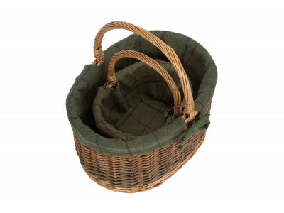 Basket, Set of 2 COUNTRY OVAL SHOPPER with GREEN TWEED LINING 