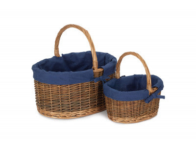 Basket, Set of 2 COUNTRY OVAL SHOPPER with NAVY BLUE LINING 