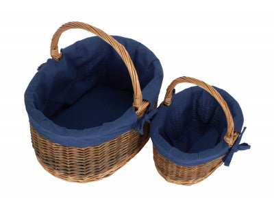 Basket, Set of 2 COUNTRY OVAL SHOPPER with NAVY BLUE LINING 